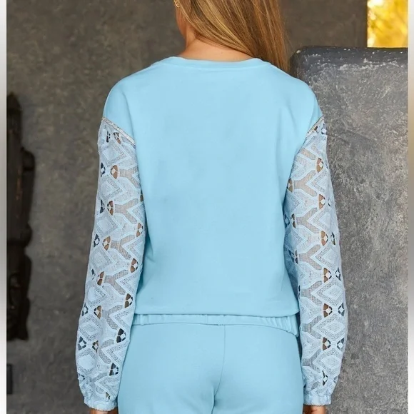 Embellished Lace Sleeve Sweatshirt Airy Blue by Boston proper S pullover stretch - Picture 9 of 10